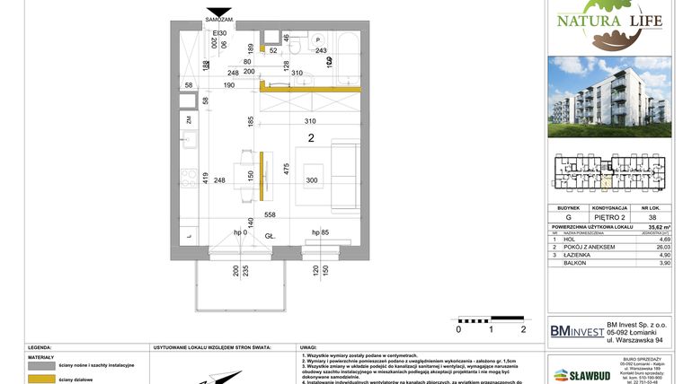 Rzut - Mieszkanie na sprzedaż 1 pokój o powierzchni 35,62 m² - numer G.38 w Osiedle Natura Life budynki GHI