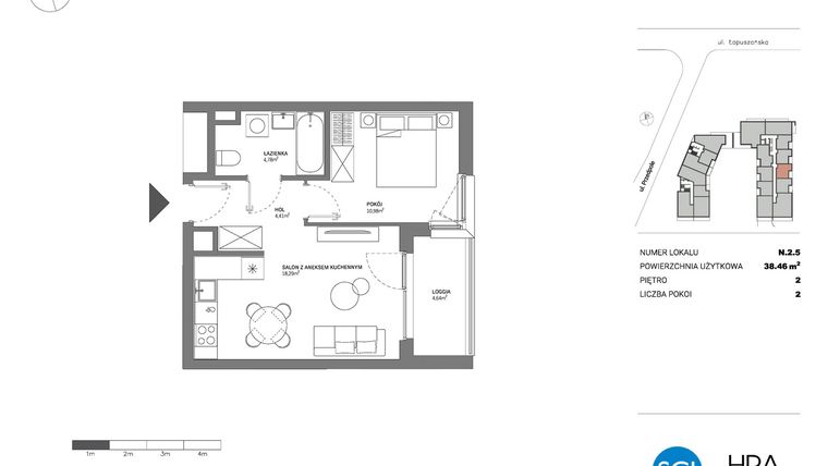 Rzut - Mieszkanie na sprzedaż 2 pokoje o powierzchni 38,46 m² - numer N.2.5 w Łopuszańska 47 - etap 4