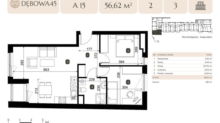 Rzut - Mieszkanie na sprzedaż 3 pokoje o powierzchni 56,62 m² - numer A.15 w Dębowa 45