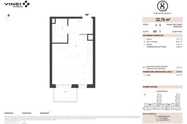 Rzut - Mieszkanie na sprzedaż 1 pokój o powierzchni 32,76 m² - numer A/3/3.2 w Smardzewska 8