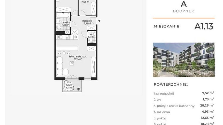 Rzut - Mieszkanie na sprzedaż 3 pokoje o powierzchni 65,49 m² - numer A1.13 w Enklawa Bukowa