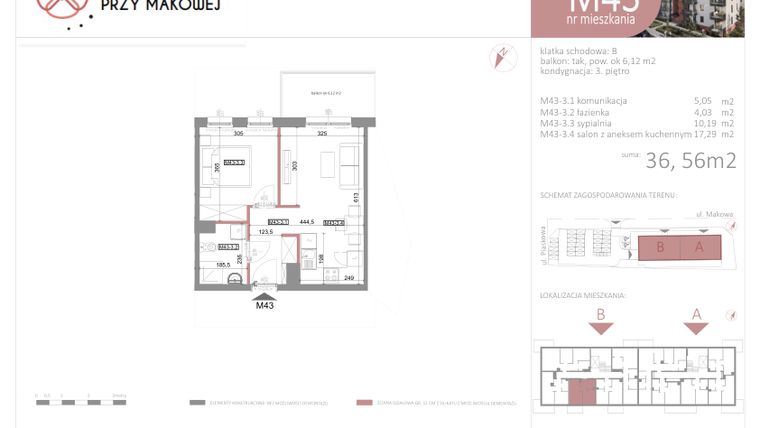 Rzut - Mieszkanie na sprzedaż 2 pokoje o powierzchni 36,56 m² - numer 43 w Przy Makowej