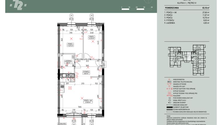Rzut - Mieszkanie na sprzedaż 3 pokoje o powierzchni 63,06 m² - numer 70 w Wspólnota Mieszkaniowa Gajowa 72