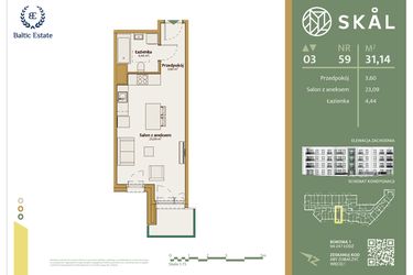 Rzut - Mieszkanie na sprzedaż 1 pokój o powierzchni 31,14 m² - numer M.59 w Skal