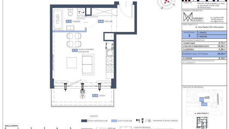 Rzut - Mieszkanie na sprzedaż 1 pokój o powierzchni 29,25 m² - numer 3 w Apartamenty Jana Pawła 34