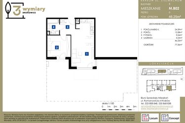 Rzut - Mieszkanie na sprzedaż 2 pokoje o powierzchni 46,25 m² - numer M.B02 w 3 Wymiary Bronowice