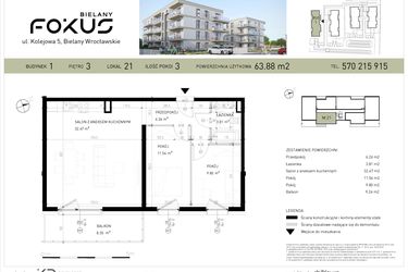 Rzut - Mieszkanie na sprzedaż 3 pokoje o powierzchni 63,88 m² - numer B1-21 w Fokus Bielany