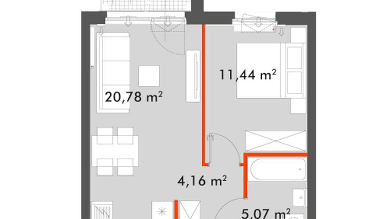 Rzut - Mieszkanie na sprzedaż 2 pokoje o powierzchni 41,45 m² - numer F1.B.04.02 w Splot Wola