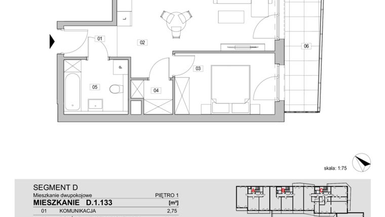 Rzut - Mieszkanie na sprzedaż 2 pokoje o powierzchni 41,46 m² - numer D.1.133 w ATAL Unii Lubelskiej