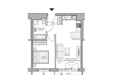 Rzut - Mieszkanie na sprzedaż 2 pokoje o powierzchni 42 m² - numer WO/B3/13 w Wiszące Ogrody
