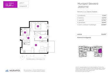 Rzut - Mieszkanie na sprzedaż 2 pokoje o powierzchni 53,69 m² - numer 28.B.1.5 w Murapol Siewierz Jeziorna bud. 27 i 28