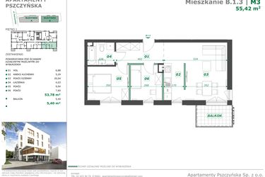 Rzut - Mieszkanie na sprzedaż 3 pokoje o powierzchni 55,58 m² - numer B.1.3 w Apartamenty Pszczyńska