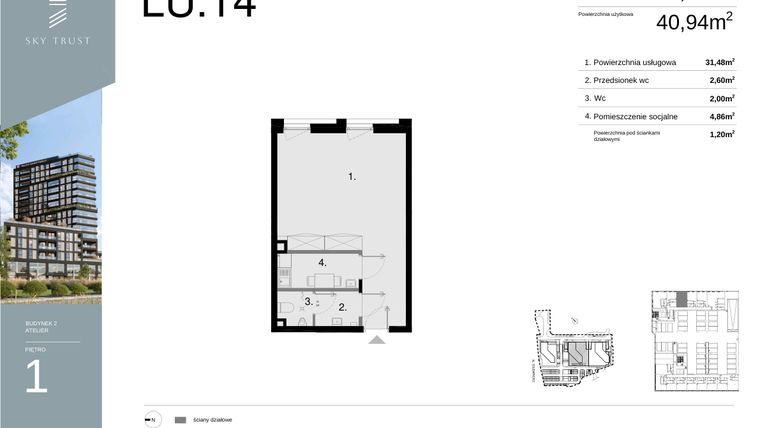 Rzut - Lokal użytkowy na sprzedaż 1 pokój o powierzchni 42,14 m² - numer LU14 w Sky Trust etap II