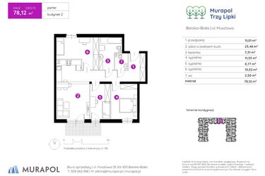 Rzut - Mieszkanie na sprzedaż 4 pokoje o powierzchni 78,52 m² - numer 2.B.0.13 w Murapol Trzy Lipki etap II