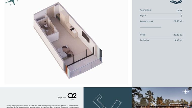 Rzut - Mieszkanie na sprzedaż 1 pokój o powierzchni 29,36 m² - numer 3.A02 w Linea Mare - apartamenty inwestycyjne