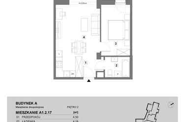 Rzut - Mieszkanie na sprzedaż 2 pokoje o powierzchni 46,68 m² - numer A1.2.17 w ATAL Grabiszyn