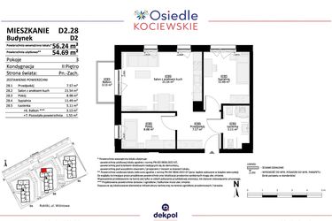 Rzut - Mieszkanie na sprzedaż 3 pokoje o powierzchni 54,69 m² - numer D2.28 w Osiedle Kociewskie etap IV