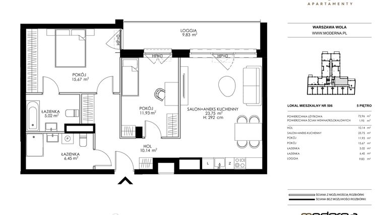 Rzut - Mieszkanie na sprzedaż 3 pokoje o powierzchni 72,96 m² - numer 506 w Chronos
