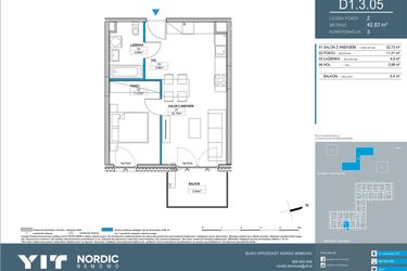 Rzut - Mieszkanie na sprzedaż 2 pokoje o powierzchni 42,83 m² - numer D1.3.05 w Nordic Bemowo - etap IV