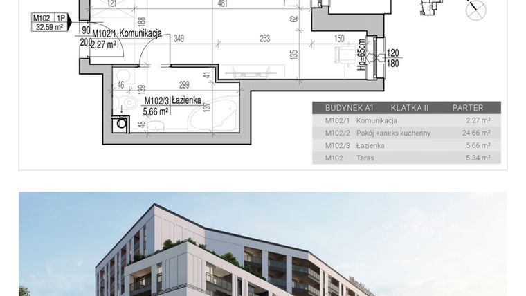 Rzut - Mieszkanie na sprzedaż 1 pokój o powierzchni 32,59 m² - numer 102 w Aleja