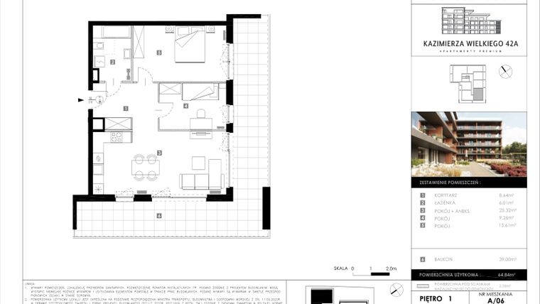 Rzut - Mieszkanie na sprzedaż 3 pokoje o powierzchni 64,84 m² - numer A/06 w Kazimierza Wielkiego 42A