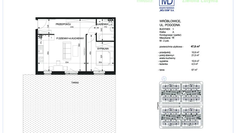 Rzut - Mieszkanie na sprzedaż 2 pokoje o powierzchni 47,93 m² - numer 1A - 1B w Zielona Lutynia