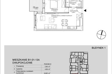 Rzut - Mieszkanie na sprzedaż 2 pokoje o powierzchni 42,92 m² - numer B1-01-13A w Nowa Francuska