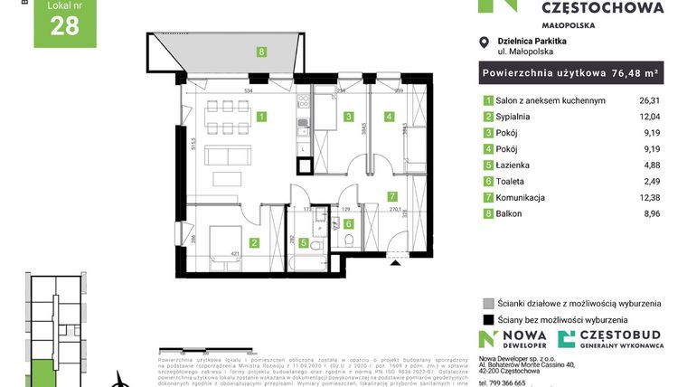 Rzut - Mieszkanie na sprzedaż 4 pokoje o powierzchni 76,48 m² - numer D28 w Nowa Częstochowa Małopolska etap II