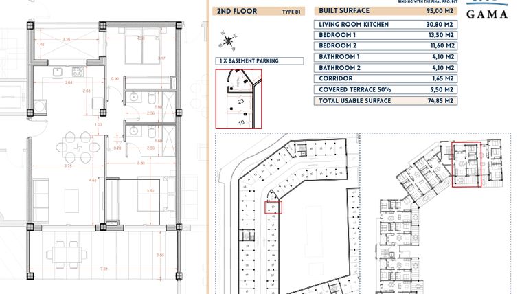 Rzut - Mieszkanie na sprzedaż 2 pokoje o powierzchni 95 m² - numer 23 w Velapi II - Murcia