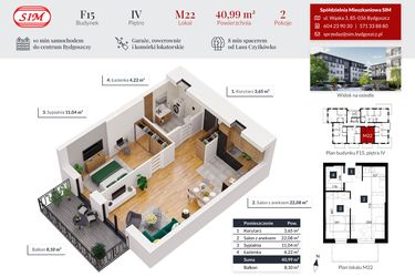 Rzut - Mieszkanie na sprzedaż 2 pokoje o powierzchni 40,99 m² - numer 22 w Tęczowy Zakątek F-15