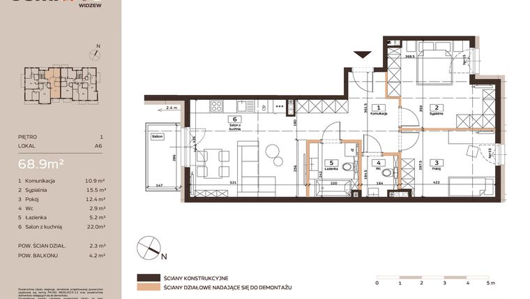 Rzut - Mieszkanie na sprzedaż 3 pokoje o powierzchni 69 m² - numer A6 w Domkove Widzew