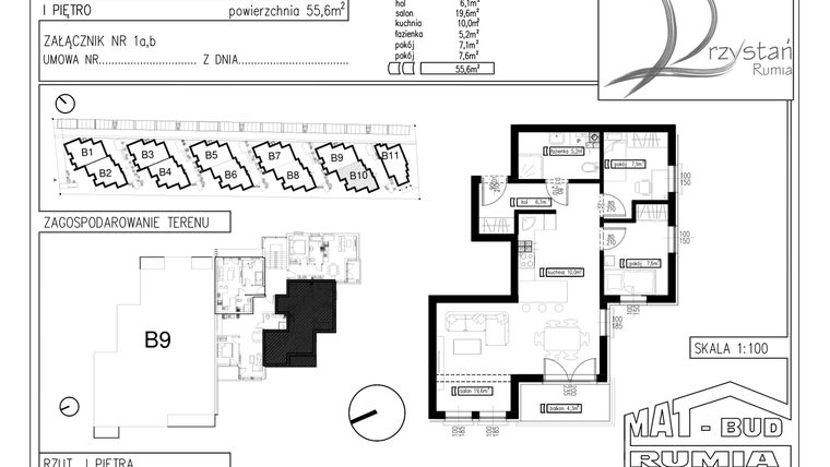 Rzut - Mieszkanie na sprzedaż 3 pokoje o powierzchni 55,6 m² - numer B10M5 w Przystań Rumia
