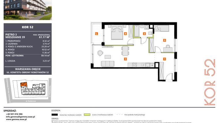 Rzut - Mieszkanie na sprzedaż 3 pokoje o powierzchni 59,23 m² - numer M39 w KOR 52