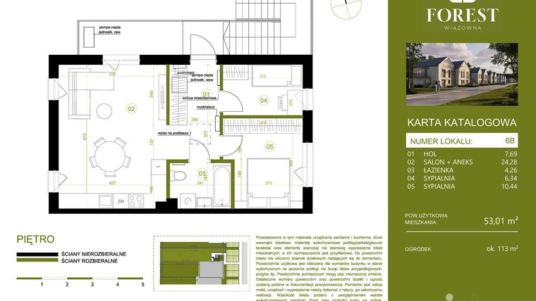 Rzut - Mieszkanie na sprzedaż 3 pokoje o powierzchni 53,01 m² - numer 6B w Wiązowna Forest