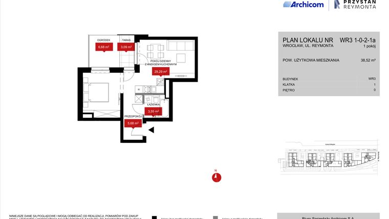 Rzut - Mieszkanie na sprzedaż 1 pokój o powierzchni 38,52 m² - numer WR3 1/0/2/1a w Przystań Reymonta etap II