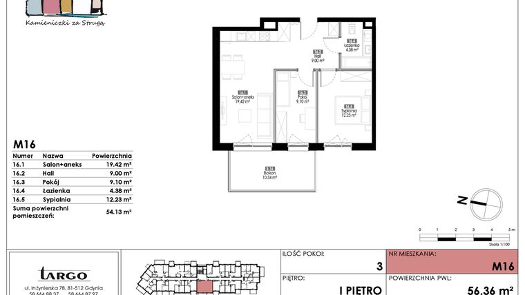 Rzut - Mieszkanie na sprzedaż 3 pokoje o powierzchni 54,13 m² - numer M16 w Kamieniczki za Strugą