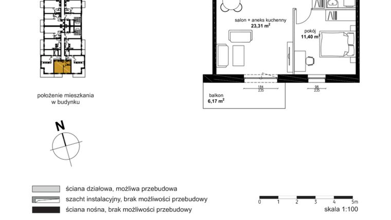 Rzut - Mieszkanie na sprzedaż 2 pokoje o powierzchni 41,32 m² - numer M 033 w Wieniawa Residence II