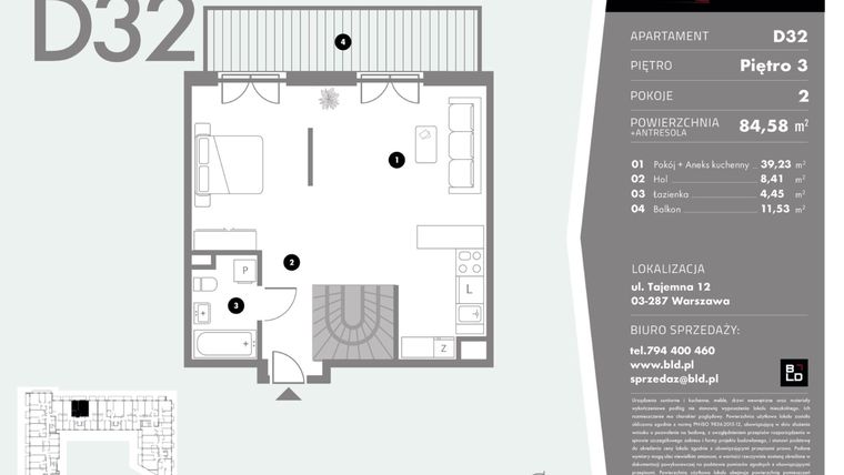 Rzut - Mieszkanie na sprzedaż 1 pokój o powierzchni 84,58 m² - numer D32 w Livo