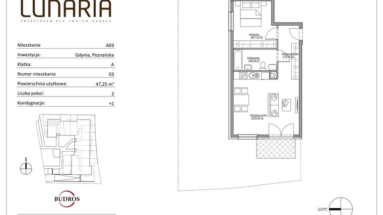 Rzut - Mieszkanie na sprzedaż 2 pokoje o powierzchni 47,25 m² - numer A03 w Lunaria