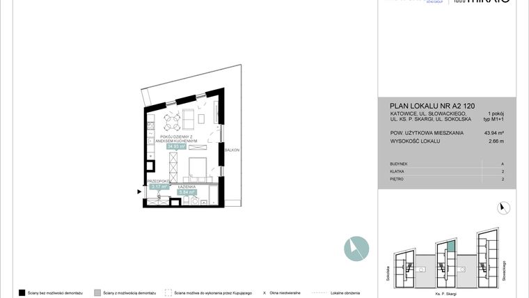 Rzut - Mieszkanie na sprzedaż 1 pokój o powierzchni 43,94 m² - numer A2 120 w Mikato