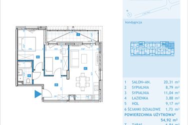 Rzut - Mieszkanie na sprzedaż 3 pokoje o powierzchni 54,92 m² - numer E1 w Osiedle Botaników etap E