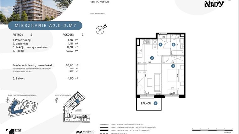 Rzut - Mieszkanie na sprzedaż 2 pokoje o powierzchni 40,7 m² - numer A2.5.2.M7 w Nowe Promenady