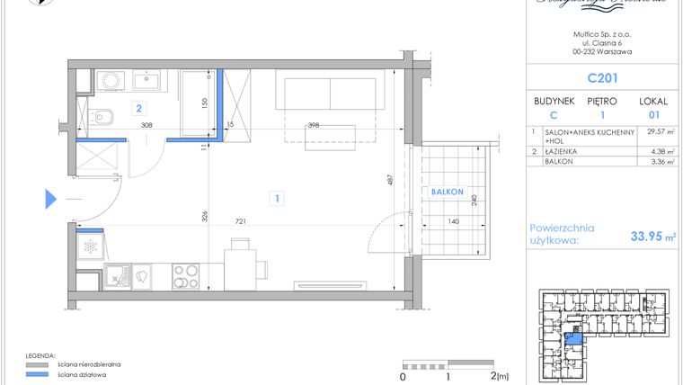 Rzut - Mieszkanie na sprzedaż 1 pokój o powierzchni 33,73 m² - numer C201 w Rezydencja Niechorze II