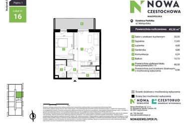 Rzut - Mieszkanie na sprzedaż 2 pokoje o powierzchni 49,56 m² - numer D16 w Nowa Częstochowa Małopolska etap II
