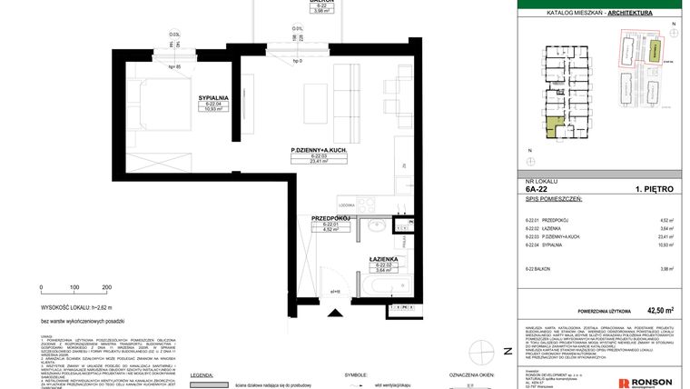 Rzut - Mieszkanie na sprzedaż 2 pokoje o powierzchni 42,5 m² - numer 6A-22 w Nowa Północ etap 2A