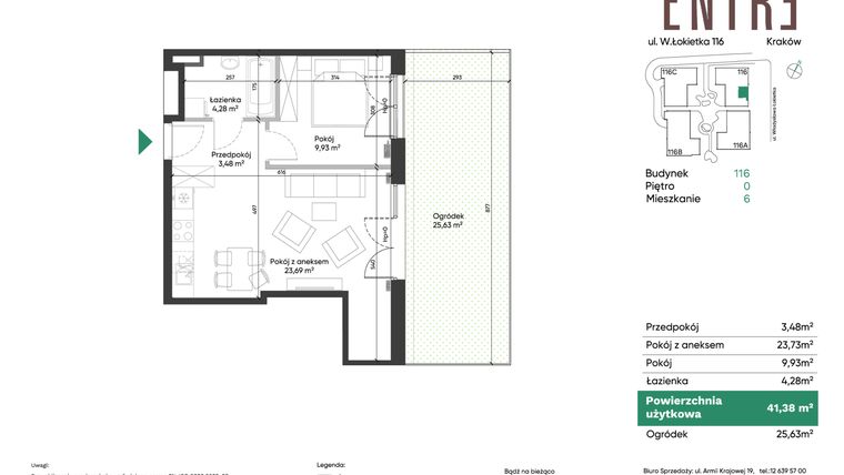 Rzut - Mieszkanie na sprzedaż 2 pokoje o powierzchni 41,38 m² - numer 116-M06 w Entre