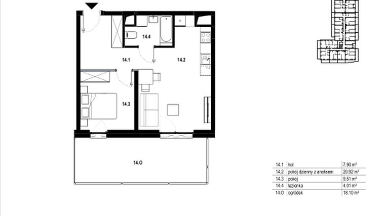Rzut - Mieszkanie na sprzedaż 2 pokoje o powierzchni 42,34 m² - numer C3.14 w Osiedle Mozaika