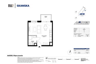 Rzut - Mieszkanie na sprzedaż 1 pokój o powierzchni 30,09 m² - numer AA0301 w NU2 Warszawa Wola - apartamenty wykończone pod klucz