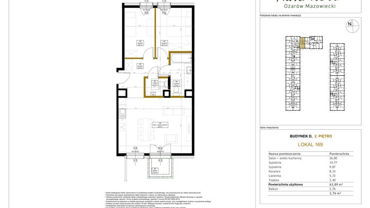 Rzut - Mieszkanie na sprzedaż 3 pokoje o powierzchni 63,89 m² - numer 169 w Aura Nova etap II