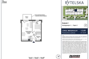 Rzut - Mieszkanie na sprzedaż 2 pokoje o powierzchni 41,15 m² - numer 1.3.01 w Rytelska